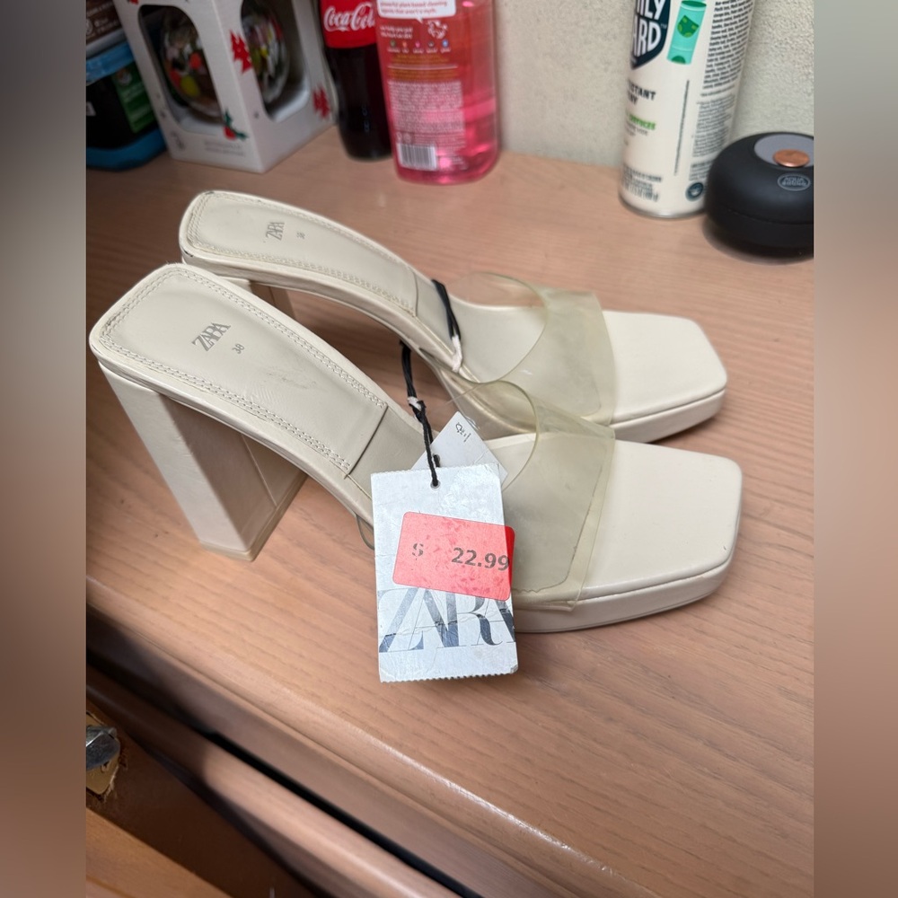 Zara Beige Block Heel Sandals